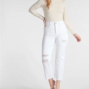 Express High Waisted White Ripped
Straight Ankle Jeans